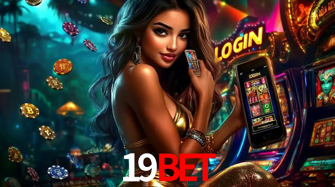 Mulher em um cenário de cassino temático de aventura, mostrando o app de caça-níqueis da 19BET no celular. Fichas de apostas flutuam ao redor.
