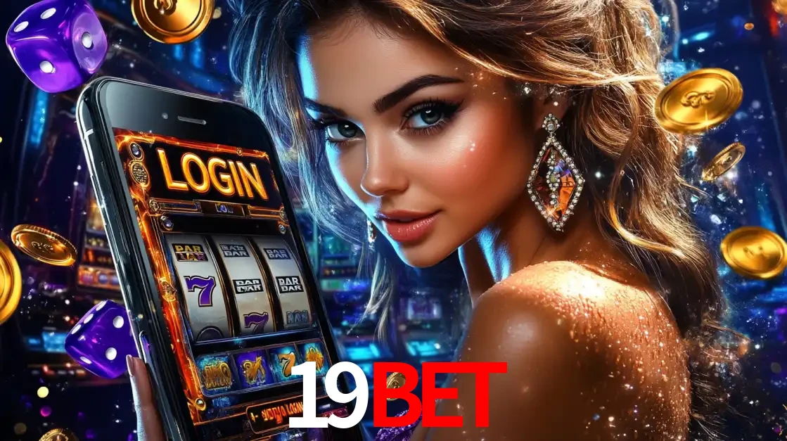 Mulher glamorosa segurando um smartphone com a tela de login para os jogos de caça-níqueis do cassino online 19BET, com moedas de ouro e dados ao redor.