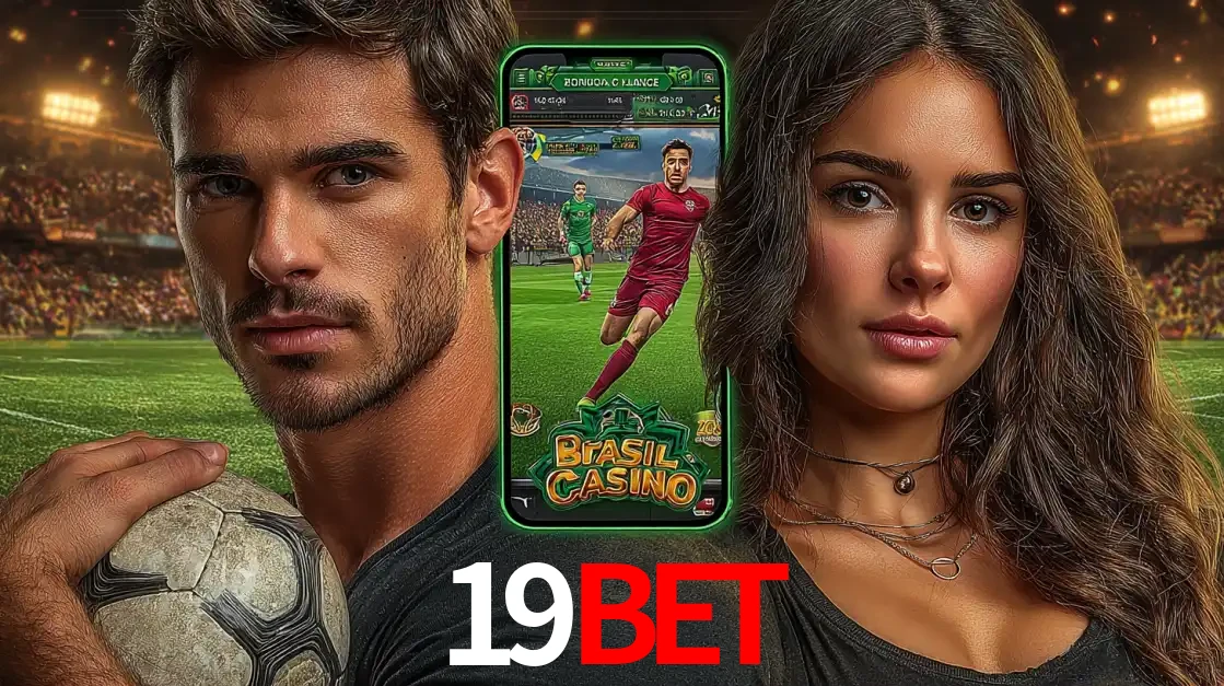 Homem segurando uma bola de futebol e uma mulher ao lado de um smartphone exibindo o jogo de apostas esportivas da 19BET. Faça seu palpite no cassino online.